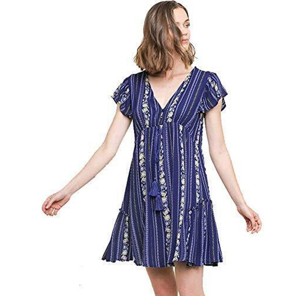 Umgee Womens V Neck Flutter Short Sleeve Bohemian Dress L5329 -- Navy NEW